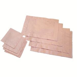 Vintage 80s Placemats 4 with Napkins Embroidered Ramie Linen Peach Color NOS